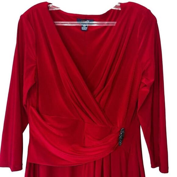 Chaps deep red faux wrap brooch dress large - Picture 2 of 6